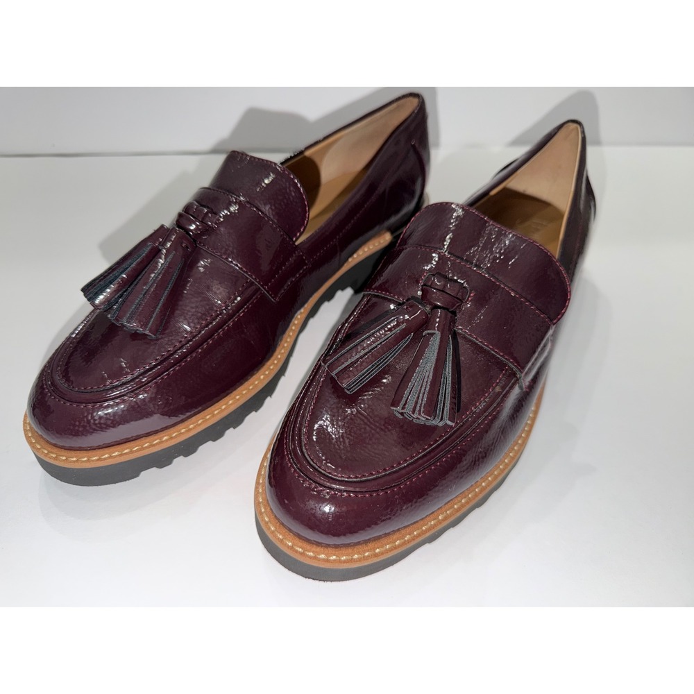 Franco Sarto Womens Burgundy Patent Tassel Lug Sole Loafers Crinkle Leather - Picture 2 of 5